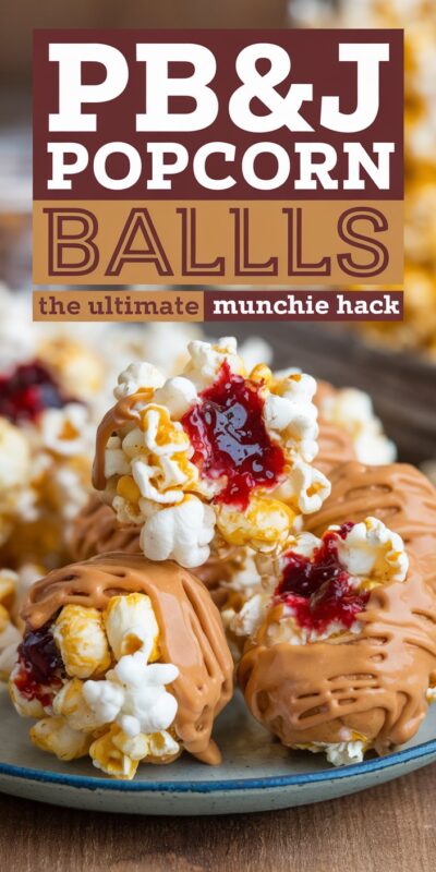 Delicious PB&J Popcorn Balls stacked on wax paper, coated in a sticky peanut butter and jelly glaze, with crushed peanuts for crunch. A fun and easy munchie snack, perfect for satisfying cravings, with an optional THC-infused twist