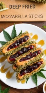 Crispy PB&J mozzarella sticks served with a side of THC-infused berry dipping sauce, dusted with powdered sugar.
