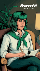 A cartoon-style illustration of a calm, green-haired woman sitting in a cozy therapist’s office, taking notes with a giant joint as her pencil. She wears a white blouse with a green sweater tied around her shoulders and looks thoughtfully at a patient out of frame.
