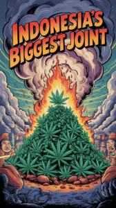 Cartoon-style illustration of a massive marijuana bonfire titled "Indonesia’s Biggest Joint," with a flaming mountain of weed, thick clouds of smoke rising, and dazed cartoon characters in uniform surrounding the scene. The burning cannabis pile is crowned with a giant leaf, while buildings and onlookers in the background react in confusion and awe under a sky filled with smoke.
