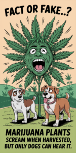 A cartoon marijuana plant with a human-like screaming face is surrounded by two surprised dogs. The text reads: "Fact or Fake..? Marijuana plants scream when harvested, but only dogs can hear it.