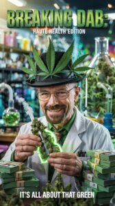A humorous parody poster of Breaking Bad featuring a smiling man in a lab coat, glasses, and a hat decorated with cannabis leaves. He holds a glowing container filled with large cannabis buds, surrounded by stacks of money and colorful lab equipment in a dispensary-style lab.