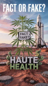 A cartoon-style poster of a cannabis plant on Mars with a space shuttle in the background. The plant has a sign that reads “FACT FAKE?” and sits above the bold text “HAUTE HEALTH.”