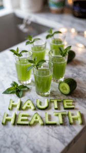 A photograph of five green cannabis cucumber chill shots garnished with fresh mint, placed on a marble countertop with the words "HAUTE HEALTH" spelled out in cucumber slices in the foreground.