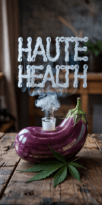 A handcrafted bong made from a purple eggplant sits on a rustic wooden table with smoke rising from its bowl, forming the words "Haute Health" in the air above. A cannabis leaf lies beside it.