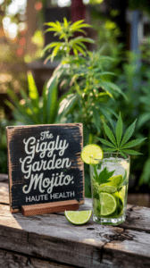 A refreshing mojito cocktail garnished with a cannabis leaf and lime slice, placed on a rustic wooden table next to a vintage sign reading “The Giggly Garden Mojito – Haute Health,” with lush green cannabis plants in the background.