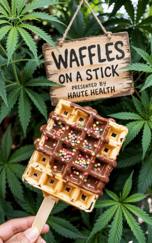 A golden brown waffle on a wooden stick, drizzled with melted chocolate and rainbow sprinkles, held in front of a backdrop of cannabis leaves with a wooden sign reading