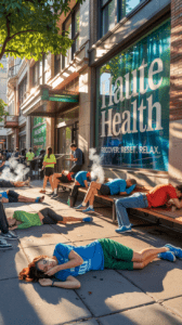 Cannabis marathon participants napping outside Haute Health store after consuming edibles, some mid-vape, sprawled on the sidewalk and benches under bright daylight.