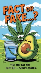 Cartoon poster with a smiling cannabis leaf hugging an avocado and a sad glass of water, with the title “Fact or Fake…?” and the caption “THC and fat are besties — sorry, water.”