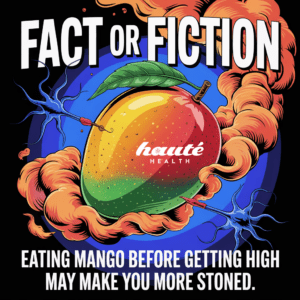 A psychedelic illustration of a mango surrounded by swirling smoke and neuron visuals, with bold text that reads: “FACT OR FICTION – Eating mango before getting high may make you more stoned.” The Haute Health logo is stamped on the mango.