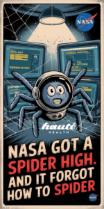 Cartoon-style poster of a wide-eyed spider in a NASA spacesuit sitting between two computer screens with garbled text, looking confused. Text on the image says "NASA got a spider high. And it forgot how to spider