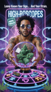 Lenny style character holding a crystal ball filled with cannabis buds, surrounded by a glowing neon zodiac wheel and marijuana leaves, with the text “Lenny Knows Your Sign… And Your Strain. HIGH-ROSCOPES – Haute Health.”