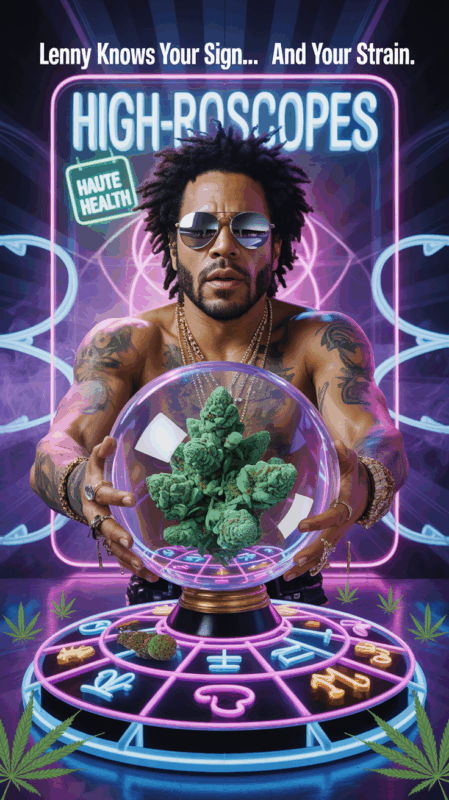 Lenny style character holding a crystal ball filled with cannabis buds, surrounded by a glowing neon zodiac wheel and marijuana leaves, with the text “Lenny Knows Your Sign… And Your Strain. HIGH-ROSCOPES – Haute Health.”