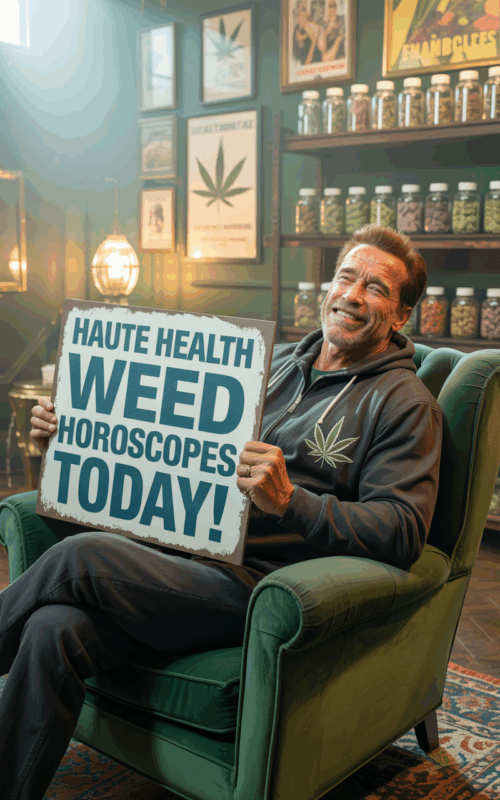 A smiling man resembling Arnold Schwarzenegger sits in a green armchair in a cannabis-themed room, proudly holding a sign that reads “HAUTE HEALTH WEED HOROSCOPES TODAY!” He wears a hoodie with a marijuana leaf on it, surrounded by weed jars, stoner posters, and warm vintage lighting.
