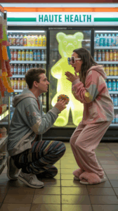 A young stoner couple in colorful pajamas shares a surprise engagement inside a convenience store, as the man proposes with a giant candy Ring Pop. A glowing, oversized gummy bear looms in the background near a fridge labeled "Haute Health."