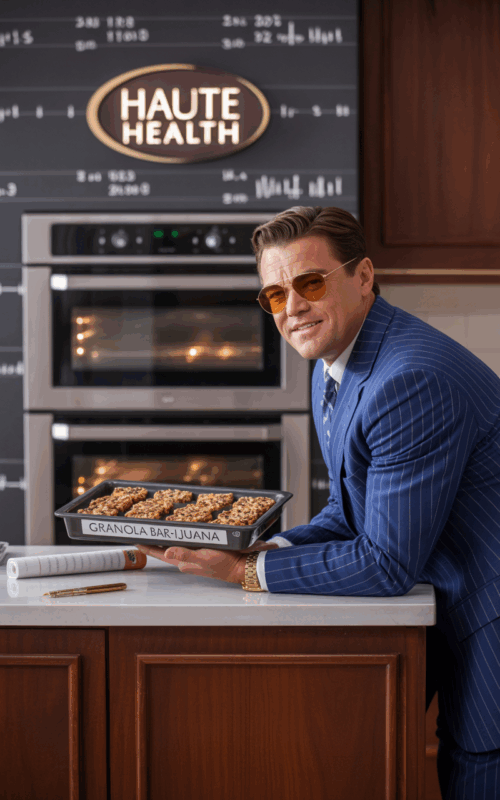 A photograph of Leonardo DiCaprio dressed as Jordan Belfort, wearing a sharp blue pinstripe suit, gold tie, and aviator sunglasses. He’s holding a baking tray labeled “Granola Bar-ijuana,” filled with freshly baked granola bars, as if presenting them proudly. Behind him are double ovens and a large Haute Health logo on the wall. The scene blends luxury kitchen aesthetics with subtle Wall Street elements like stock charts and gold accents.