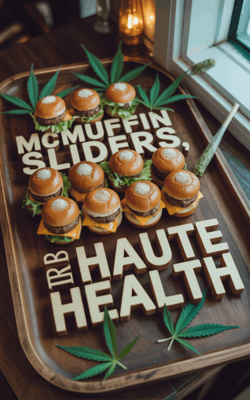 Mini THC breakfast sliders on a wooden tray with cannabis leaves and