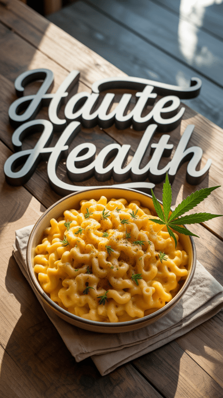 A bowl of creamy macaroni and cheese garnished with cannabis leaves sits on a rustic wooden table, with a large “Haute Health” sign in the background. Sunlight streams in, highlighting the golden cheese and playful cannabis theme.