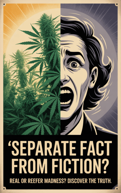 Vintage-style split-panel image with cannabis plants on the left and a screaming retro woman on the right, highlighting the contrast between nature and fear. Text reads: “Separate Fact From Fiction? Real or Reefer Madness? Discover the Truth.”