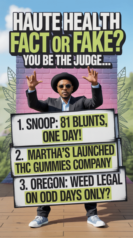 A bold, cartoon-style poster for Haute Health featuring a man in a hat and sunglasses holding graffiti-style signs that read: “1. Snoop: 81 blunts, one day!”, “2. Martha’s launched THC gummies company”, and “3. Oregon: Weed legal on odd days only?” with the headline “Fact or Fake? You Be the Judge…”