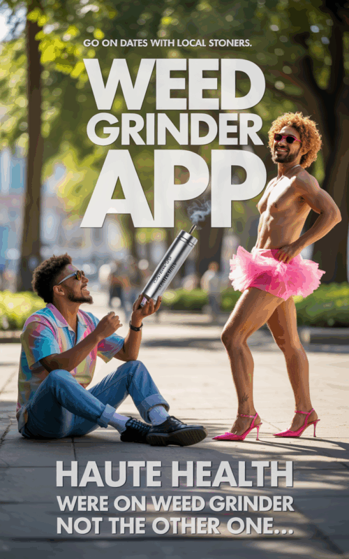 A humorous ad for the Weed Grinder app shows a confused stoner in tie-dye sitting on a park path, holding a large joint, facing a flamboyant man in pink high heels and a tutu, who is confidently posing. Bold text reads: