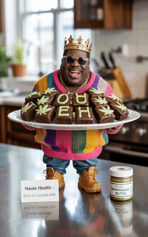 A hyper-realistic miniature figure of Notorious B.I.G. stands on a shiny kitchen counter wearing a colorful Coogi sweater, Timberland boots, a gold crown, and sunglasses. He’s holding a large tray of brownies decorated with green marijuana leaves and the frosted letters “OUEH.” On the counter in front of him is a jar labeled “MARIHUAINA BUTTER” and a sign that reads “Haute Health – Best in Canada ehh.”