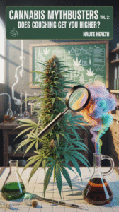 A large cannabis plant under a magnifying glass in a laboratory setting, with colorful smoke swirling beside it. The background features chalkboard diagrams of cannabis molecules and leaves, along with glass beakers and lab equipment. The text reads: “Cannabis Mythbusters Vol. 2: Does Coughing Get You Higher?” by Haute Health.