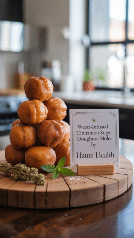 A stack of golden-brown weed-infused cinnamon sugar doughnut holes on a wooden board with a sign reading “Weed-Infused Cinnamon Sugar Doughnut Holes by Haute Health” and cannabis garnish beside it.