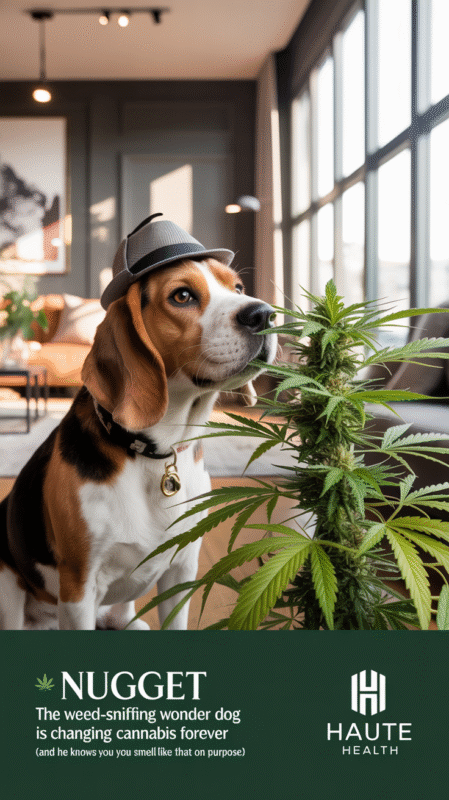 A beagle wearing a baseball cap sniffs a cannabis plant inside a modern, sunlit living room. Text overlay reads: āNugget ā The weed-sniffing wonder dog is changing cannabis forever (and he knows you smell like that on purpose).ā Haute Health logo at the bottom.