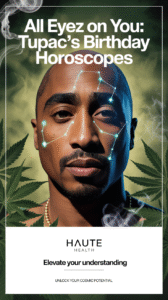 A surreal illustration of Tupac Shakur with glowing constellation lines across his face, surrounded by cannabis leaves and rising smoke, promoting Haute Health's Tupac Birthday Horoscopes.