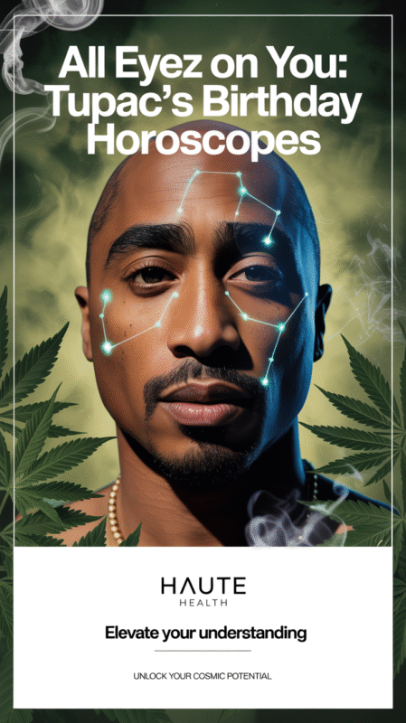 A surreal illustration of Tupac Shakur with glowing constellation lines across his face, surrounded by cannabis leaves and rising smoke, promoting Haute Health's Tupac Birthday Horoscopes.