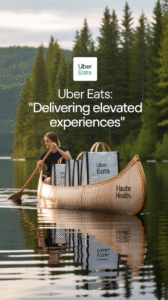 Woman paddling a wooden canoe labeled Haute Health across a calm lake, carrying Uber Eats delivery bags. Text reads: Uber Eats: Delivering elevated experiences.