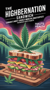 A colorful cartoon-style illustration of a massive sandwich stacked with bacon, cheese, tomato, lettuce, and cannabis leaves, with a giant marijuana leaf on top. The background features stylized Canadian mountains, trees, and a glowing sky. The text reads “The Highbernation Sandwich – Canada’s Most Unholy Munchie Masterpiece – Presented by Haute Health.”