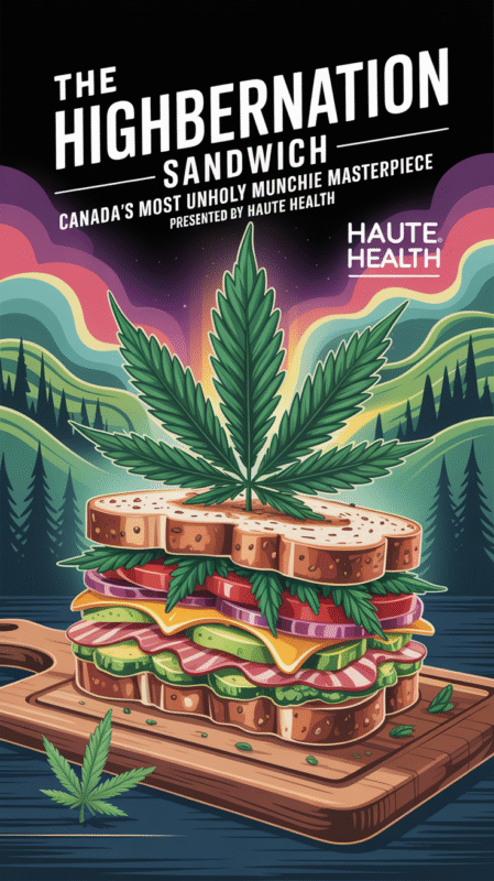A colorful cartoon-style illustration of a massive sandwich stacked with bacon, cheese, tomato, lettuce, and cannabis leaves, with a giant marijuana leaf on top. The background features stylized Canadian mountains, trees, and a glowing sky. The text reads “The Highbernation Sandwich – Canada’s Most Unholy Munchie Masterpiece – Presented by Haute Health.”