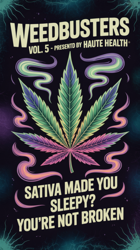 Illustration of a colorful cannabis leaf with psychedelic smoke trails, featuring the headline “Weedbusters Vol. 5 – Presented by Haute Health” and subhead “Sativa Made You Sleepy? You’re Not Broken” on a dark background.