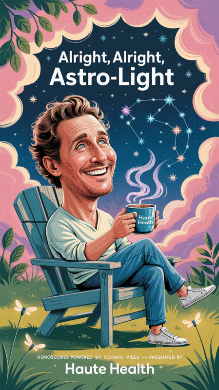 A whimsical cartoon illustration of a relaxed man resembling Matthew McConaughey sitting in a Muskoka chair, holding a steaming mug labeled 