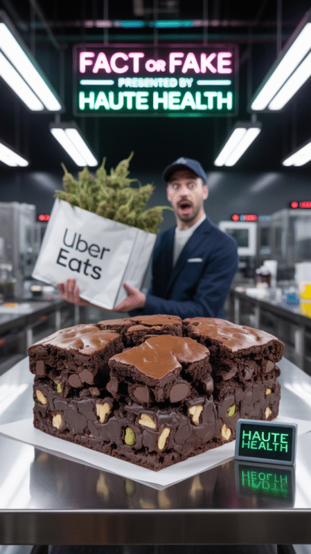 A surprised delivery driver holding a large Uber Eats bag full of cannabis in a modern kitchen lab, with a giant THC brownie in the foreground and a neon sign reading “FACT OR FAKE – Presented by HAUTE HEALTH.”