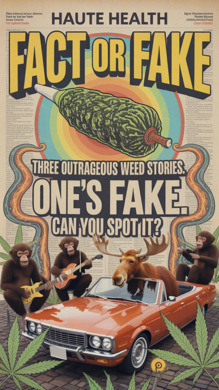 A retro-style cannabis poster featuring a giant cartoon joint over rainbow swirls with the bold headline “Fact or Fake.” Below, the text reads “Three outrageous weed stories. One’s fake. Can you spot it?” A moose sits in a red convertible surrounded by monkeys playing guitars and cannabis leaves.