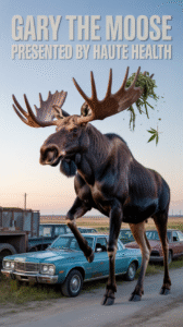 Large moose named Gary stomping near vintage cars in Alberta, with cannabis leaves and buds tangled in his antlers. Text reads: Gary the Moose, Presented by Haute Health.