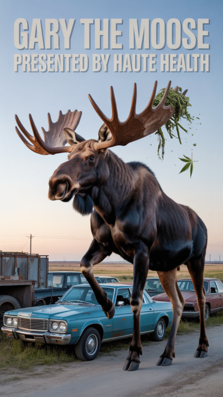 Large moose named Gary stomping near vintage cars in Alberta, with cannabis leaves and buds tangled in his antlers. Text reads: Gary the Moose, Presented by Haute Health.