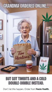 Elderly Canadian woman holding a Tim Hortons bag full of Timbits and a cold coffee, looking confused. Text reads: Grandma ordered online but got Timbits and a cold double-double instead. Cannabis-themed elements and Haute Health branding visible.