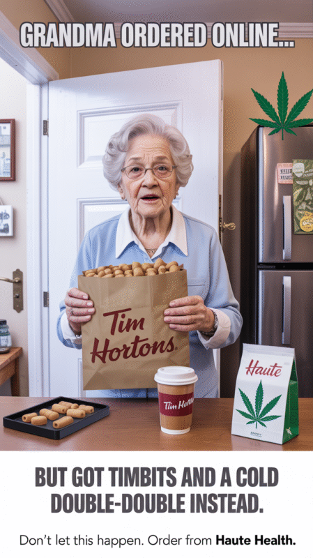 Elderly Canadian woman holding a Tim Hortons bag full of Timbits and a cold coffee, looking confused. Text reads: Grandma ordered online but got Timbits and a cold double-double instead. Cannabis-themed elements and Haute Health branding visible.