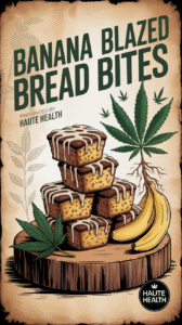 Illustrated stack of cannabis-infused banana bread muffins with maple frosting, bananas, and cannabis leaves, titled “Banana Blazed Bread Bites” by Haute Health.