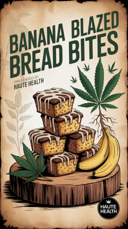 Illustrated stack of cannabis-infused banana bread muffins with maple frosting, bananas, and cannabis leaves, titled âBanana Blazed Bread Bitesâ by Haute Health.