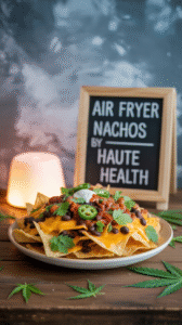 A plate of air fryer nachos loaded with cheese, black beans, salsa, jalapeños, and sour cream, surrounded by cannabis leaves, with a sign reading "Air Fryer Nachos by Haute Health" in the background.