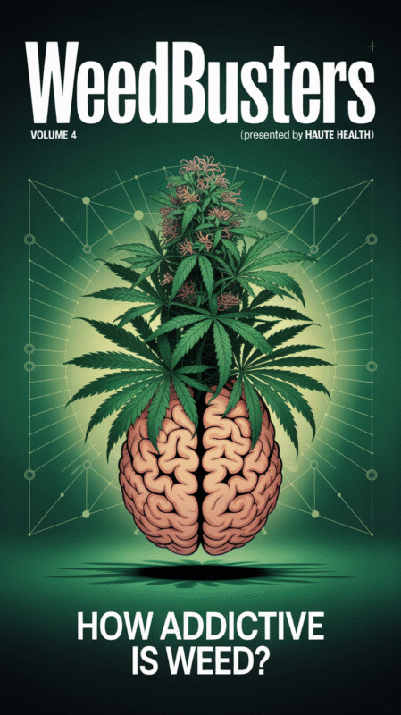 Illustration of a cannabis plant growing out of a human brain, symbolizing the relationship between marijuana and addiction.