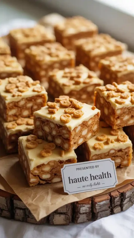 A close-up image of neatly stacked dessert bars made with puffed cereal and white chocolate, topped with small round cereal pieces. The bars are displayed on parchment paper over a rustic wooden tray. A small white label in front reads: "PRESENTED BY haute health – no oily labels" in elegant black script. The setting is softly lit, evoking a cozy, artisanal bakery vibe.