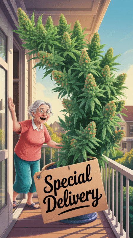 An elderly woman excitedly opens her balcony door to discover an enormous potted plant with oversized buds and leaves labeled “Special Delivery.”