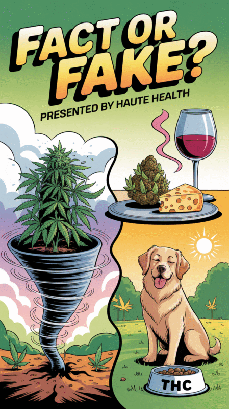 Cartoon-style illustration split into three panels showing a cannabis plant surviving a tornado, a cheese and wine pairing with cannabis buds, and a happy dog next to a food bowl labeled “THC.” Header reads: “Fact or Fake? Presented by Haute Health.”