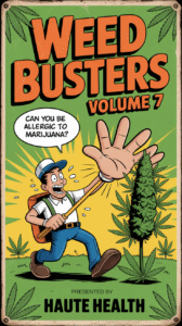 Cartoon-style image of a man recoiling in fear with a giant hand held up toward a cannabis plant, alongside the text “Weedbusters Volume 7 – Can You Be Allergic to Marijuana? Presented by Haute Health.”
